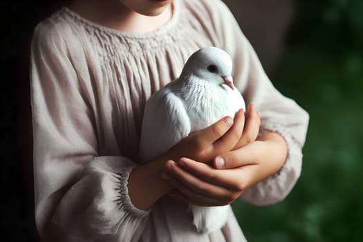 child holding a white dove in his hands close-up, international children's day concept.