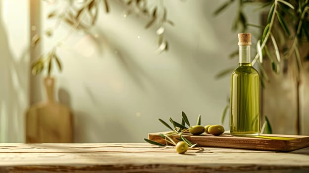 Olive oil bottle ad background with copyspace, vegetable oil commercial produce, food industry and retail concept