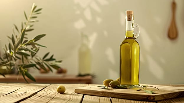 Olive oil bottle ad background with copyspace, vegetable oil commercial produce, food industry and retail concept