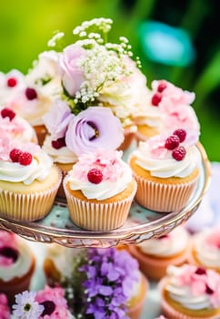 Cupcakes, cakes, scones and muffins and holiday decoration outdoors at the English country style garden, sweet desserts for wedding, birthday or party celebration, post-processed, generative ai