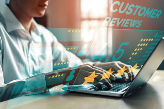 Customer review satisfaction feedback survey concept. User give rating to service experience on online application. Customer can evaluate quality of service lead to reputation ranking of business. uds