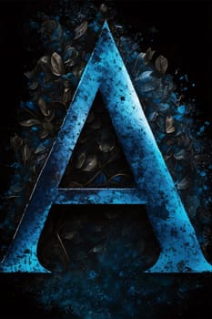 Graphic alphabet letters: Blue grunge font on a black background. Letter A with leaves