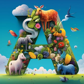 Graphic alphabet letters: Alphabet letter A with animals in the garden. Vector illustration.