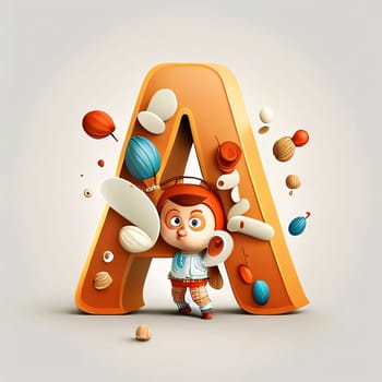 Graphic alphabet letters: Alphabet A with cute little boy and balloons. Vector illustration.