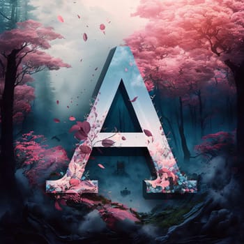 Graphic alphabet letters: The letter A in the forest. Autumn season. 3D illustration.