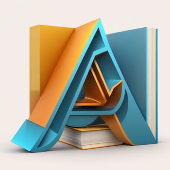 Graphic alphabet letters: 3d render of books with blue and orange cover on white background