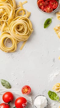 Pasta recipe preparation flatlay background with ingredients, spaghetti, olive oil, garlic, tomatoes and spices in the kitchen, homemade food recipe idea