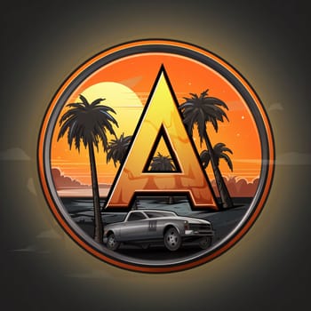 Graphic alphabet letters: Illustration of the letter A with a car and palm trees on the background