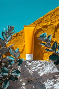 A yellow tube of sunscreen is placed on a rock near a terrestrial plant, surrounded by lush vegetation under the blue sky