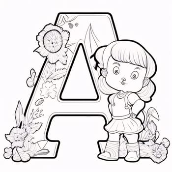 Graphic alphabet letters: Coloring page for children - Letter A with cute girl and flowers