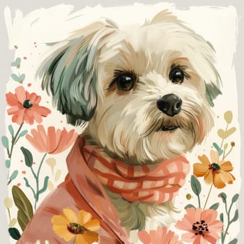 Cute Adorable Poster with Maltese Dog and Flowers. Pastel Puppy Illustration. Ai generated
