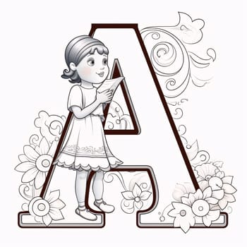 Graphic alphabet letters: Vector capital letter A with cute girl and flowers. Capital letter for coloring book.