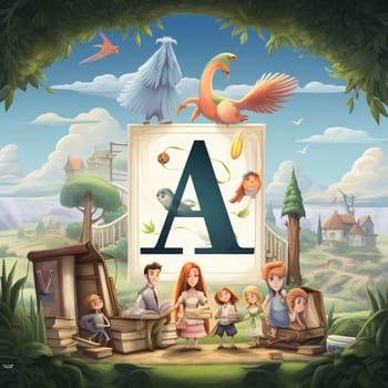 Graphic alphabet letters: Alphabet letter A with kids reading in the park. Cartoon vector illustration.