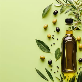 Olive oil bottle ad background with copyspace, vegetable oil commercial produce, food industry and retail concept