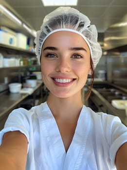 A woman in a white hat is happily smiling while cooking in the kitchen, showcasing her fashion accessory as part of her cooking uniform