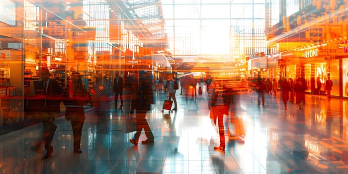 A symphony of tints and shades as a crowd walks through the airport terminal, with the city skyline visible through the glass walls at dusk
