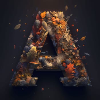 Graphic alphabet letters: Autumn letter A with leaves and acorns, 3d render