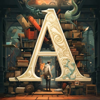 Graphic alphabet letters: Man in a suit stands near the letter A in the old library.