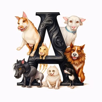 Graphic alphabet letters: English alphabet with dogs, letter A, isolated on a white background