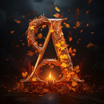 Graphic alphabet letters: letter A in the form of autumn leaves on a dark background with fire