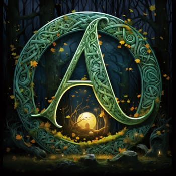 Graphic alphabet letters: Zodiac sign A in the dark forest. 3D illustration.