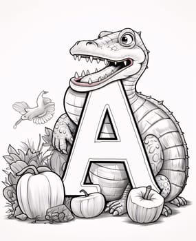 Graphic alphabet letters: Cute crocodile alphabet letter A with pumpkins and birds illustration.