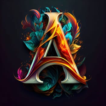 Graphic alphabet letters: Letter A, floral 3d font on black background. Vector illustration.