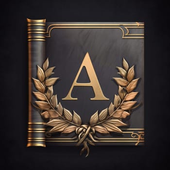 Graphic alphabet letters: Vintage letter A with gold laurel wreath on blackboard.