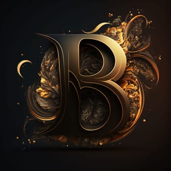 Graphic alphabet letters: Golden letter B with floral ornament. 3D render, 3D illustration.