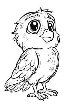 An illustration of a baby owl with big eyes and a cute gesture, done in a black and white drawing style. The owls beak and snout are highlighted in this art piece