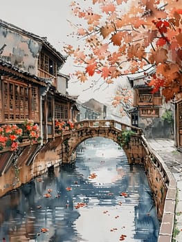 An artistic depiction of a bridge spanning a tranquil river, flanked by buildings and lush greenery. The painting captures the beauty of a natural landscape under a picturesque sky