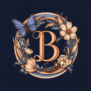 Graphic alphabet letters: Vintage letter B in floral frame with butterflies and flowers. Vector illustration.