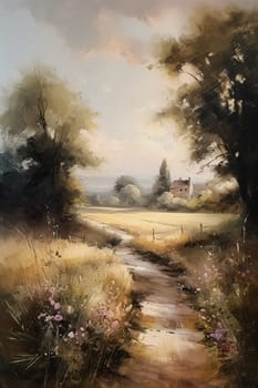 Fine art painting of the English countryside landscape, romantic nature in soft pastel colours, evoking a sense of tranquility and natural beauty, printable art design idea