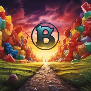 Graphic alphabet letters: Digital composite of B letter in front of colorful stones and sky background