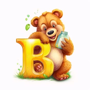 Graphic alphabet letters: Illustration of a bear with a bottle of milk and letter B