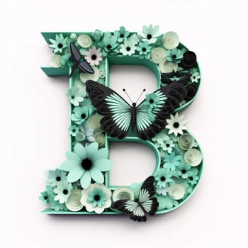 Graphic alphabet letters: Letter B made of flowers and butterflies isolated on white background. 3D illustration.