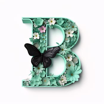 Graphic alphabet letters: Butterfly font. Letter B decorated with flowers and leaves.