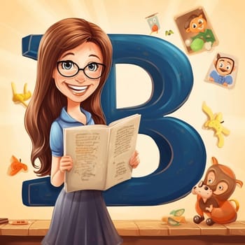 Graphic alphabet letters: Cute girl reading a book with letter B in the background illustration