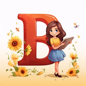 Graphic alphabet letters: Cute cartoon girl reading a book with orange letter B and flowers
