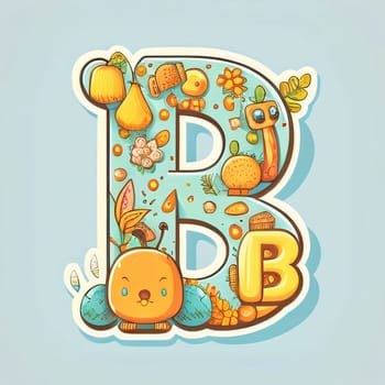 Graphic alphabet letters: Cute letter B with cartoon animals and plants. Vector illustration.