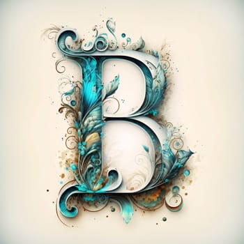 Graphic alphabet letters: Letter B, Grunge floral capital letter with blue and turquoise paint splashes.