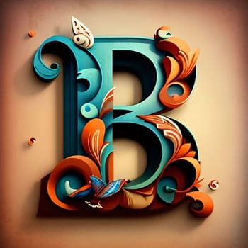 Graphic alphabet letters: Beautiful letter B with butterflies. 3D illustration. Vintage style.