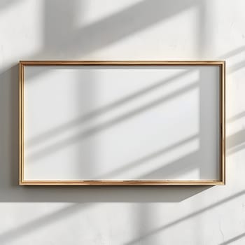 A picture frame made of wood and glass, in a rectangular shape, hangs on a white wall. The frame features tints and shades, with metal accents and a transparent glass cover