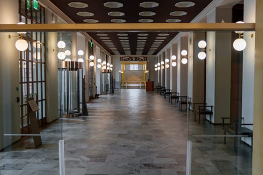 Helsinki, Finland - February 12th 2024 - Photo of Finland parliament building, empty lobby, democratic institute.