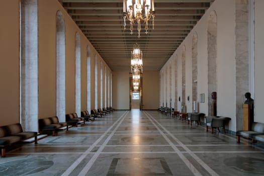 Helsinki, Finland - February 12th 2024 - Photo of Finland parliament building, empty State hall, democratic institute symbol.