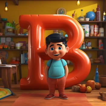 Graphic alphabet letters: 3D illustration of a cute boy with a big letter B in his room