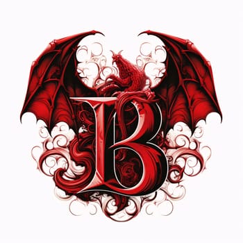 Graphic alphabet letters: Graphic illustration of a red dragon with the letter B in the shape of a heart.