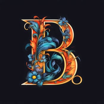 Graphic alphabet letters: Vintage capital letter B with floral ornament in blue and orange.