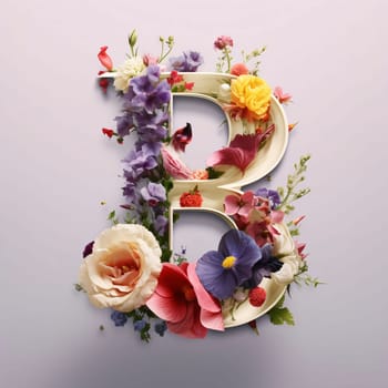 Graphic alphabet letters: Letter B with flowers on purple background. Floral alphabet. Letter B