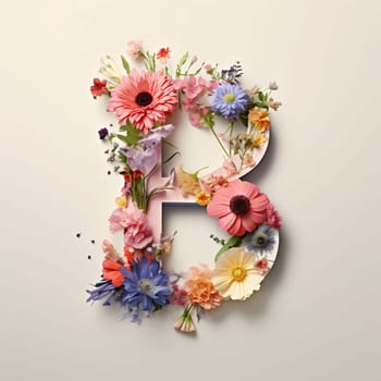 Graphic alphabet letters: Letter B made of flowers. Floral font. Floral alphabet.